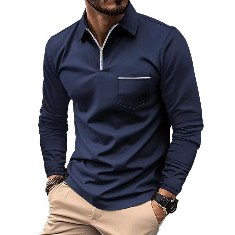 Poloshirt Herren langarm mit Zip und heller Taschenkante - Marineblau #Farbe_Marineblau