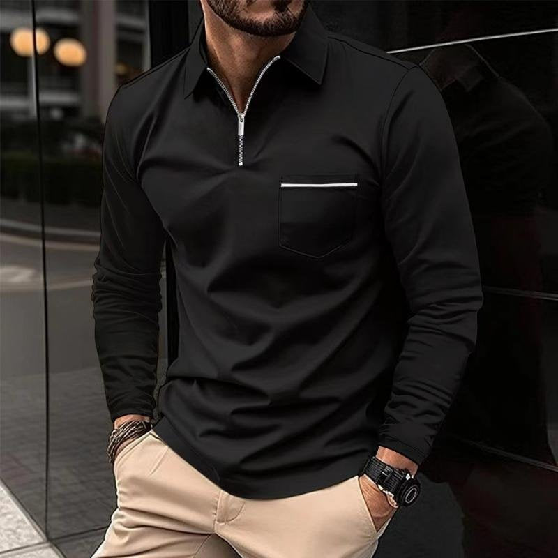 Poloshirt Herren langarm mit Zip und heller Taschenkante - Schwarz #Farbe_Schwarz
