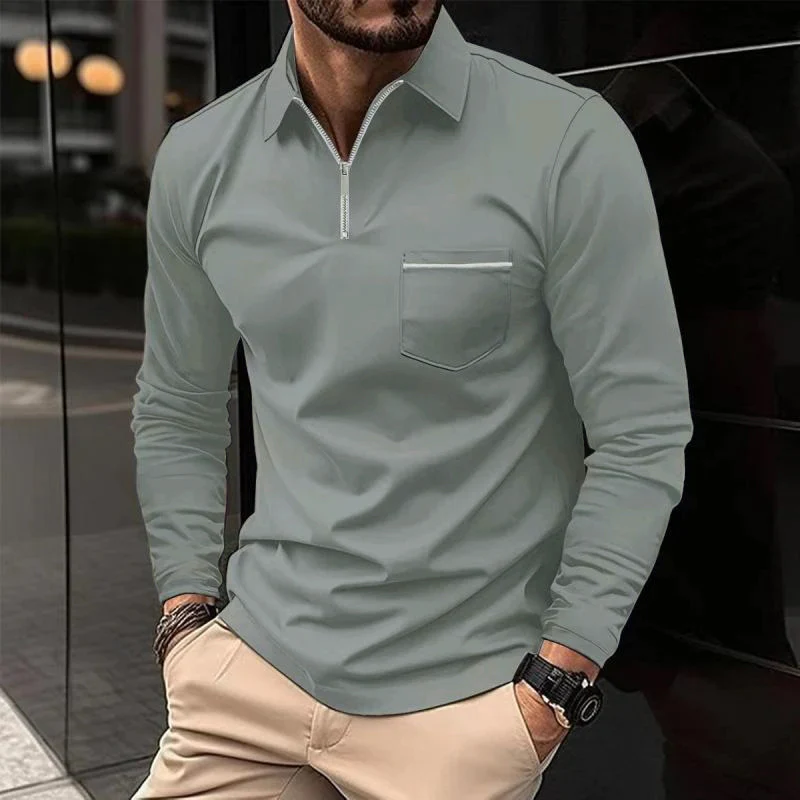 Poloshirt Herren langarm mit Zip und heller Taschenkante - Grau #Farbe_Grau