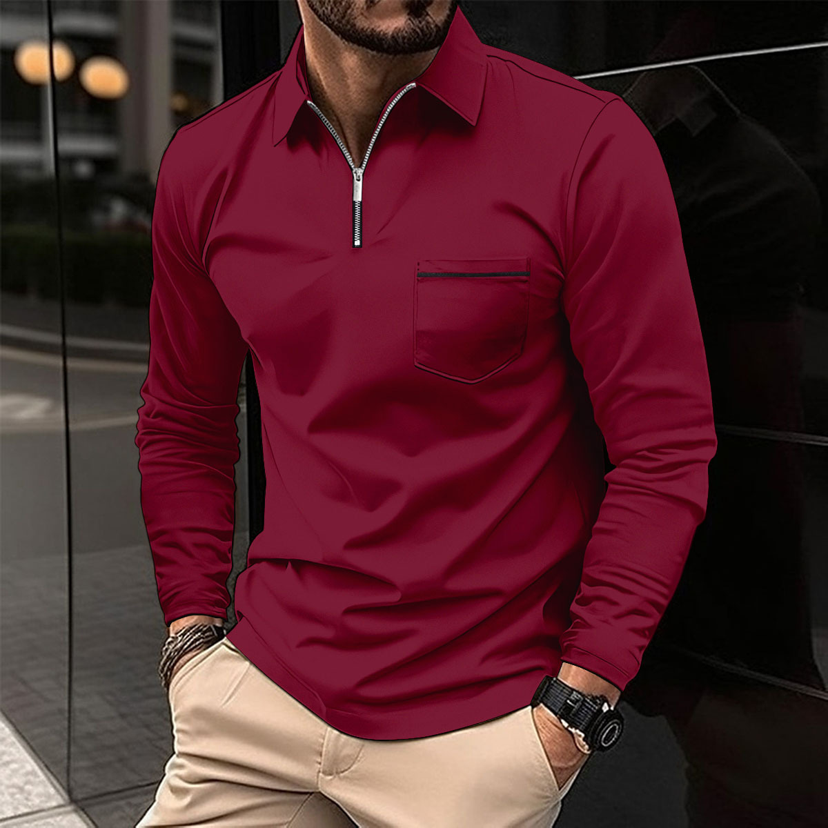 Poloshirt Herren langarm mit Zip und heller Taschenkante - Bordeaux #Farbe_Bordeaux