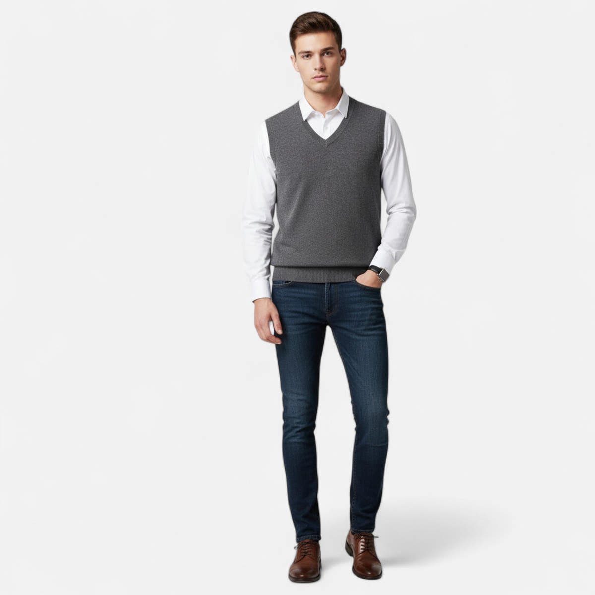 Pullunder Herren mit V-Ausschnitt und Rippabschlüssen - Grau #Farbe_Grau