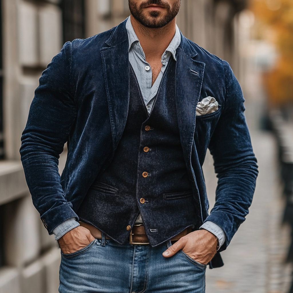 Sakko Herren mit passender Knopfweste und breitem Revers - Dunkelblau #Farbe_Dunkelblau