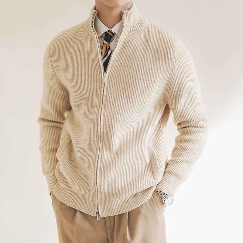 Strickjacke Herren mit feinen Rippen und Stehkragen - Beige #Farbe_Beige