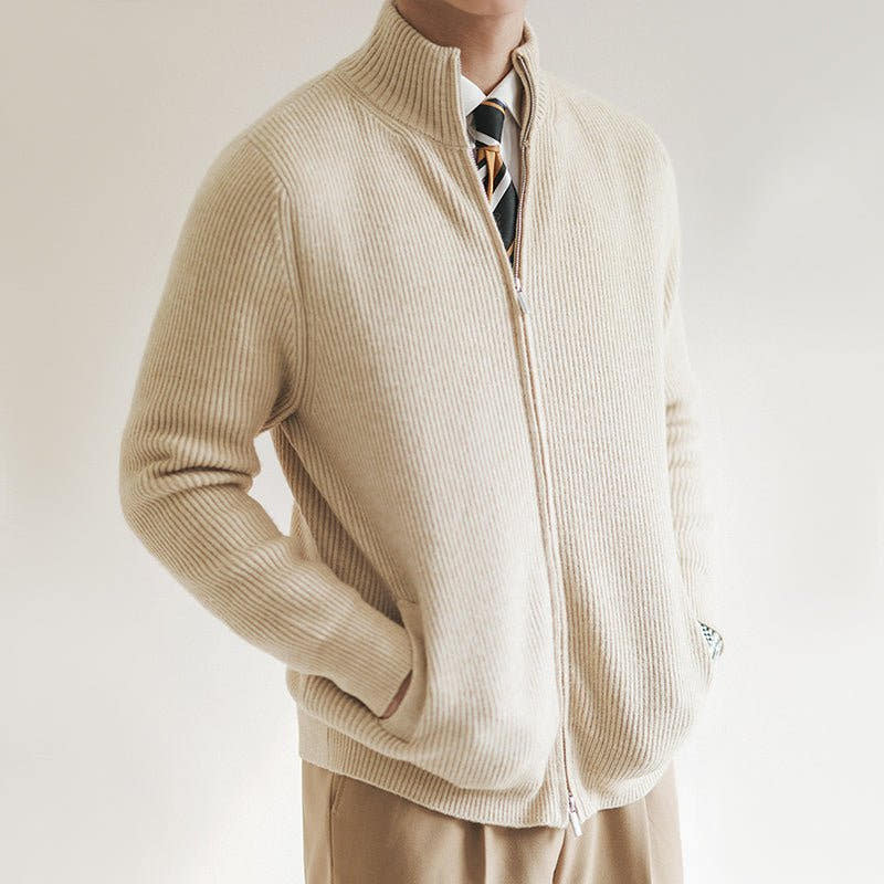 Strickjacke Herren mit feinen Rippen und Stehkragen - Beige #Farbe_Beige