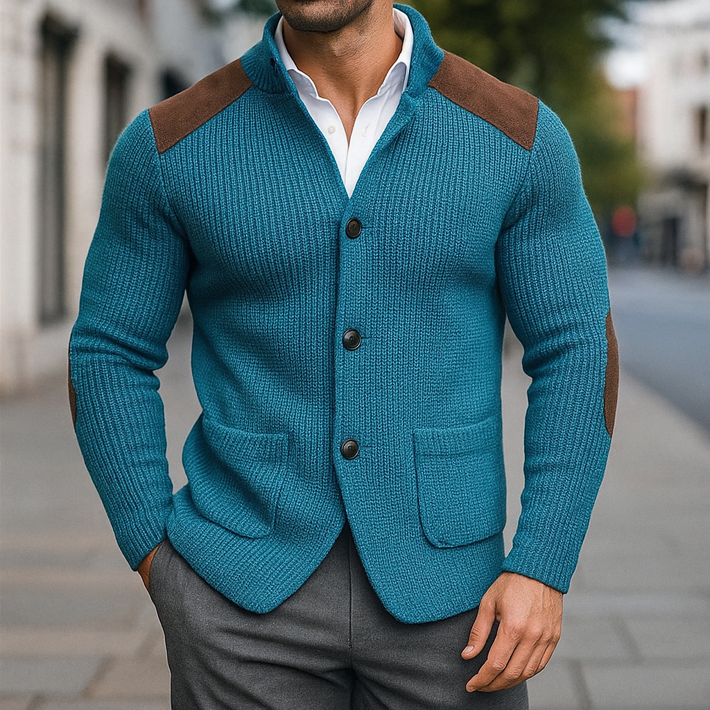 Strickjacke Herren mit Schulterbesatz und Knopfverschluss - Ozeanblau #Farbe_Ozeanblau