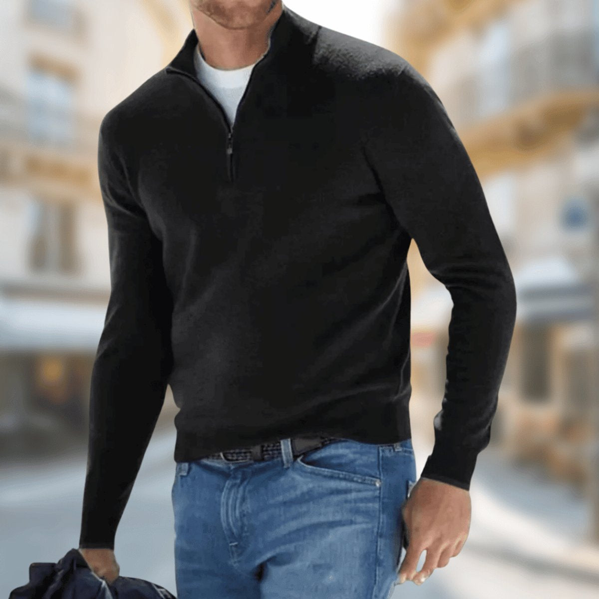 Strickpullover Herren mit hohem Kragen und glattem Saum - Schwarz #Farbe_Schwarz