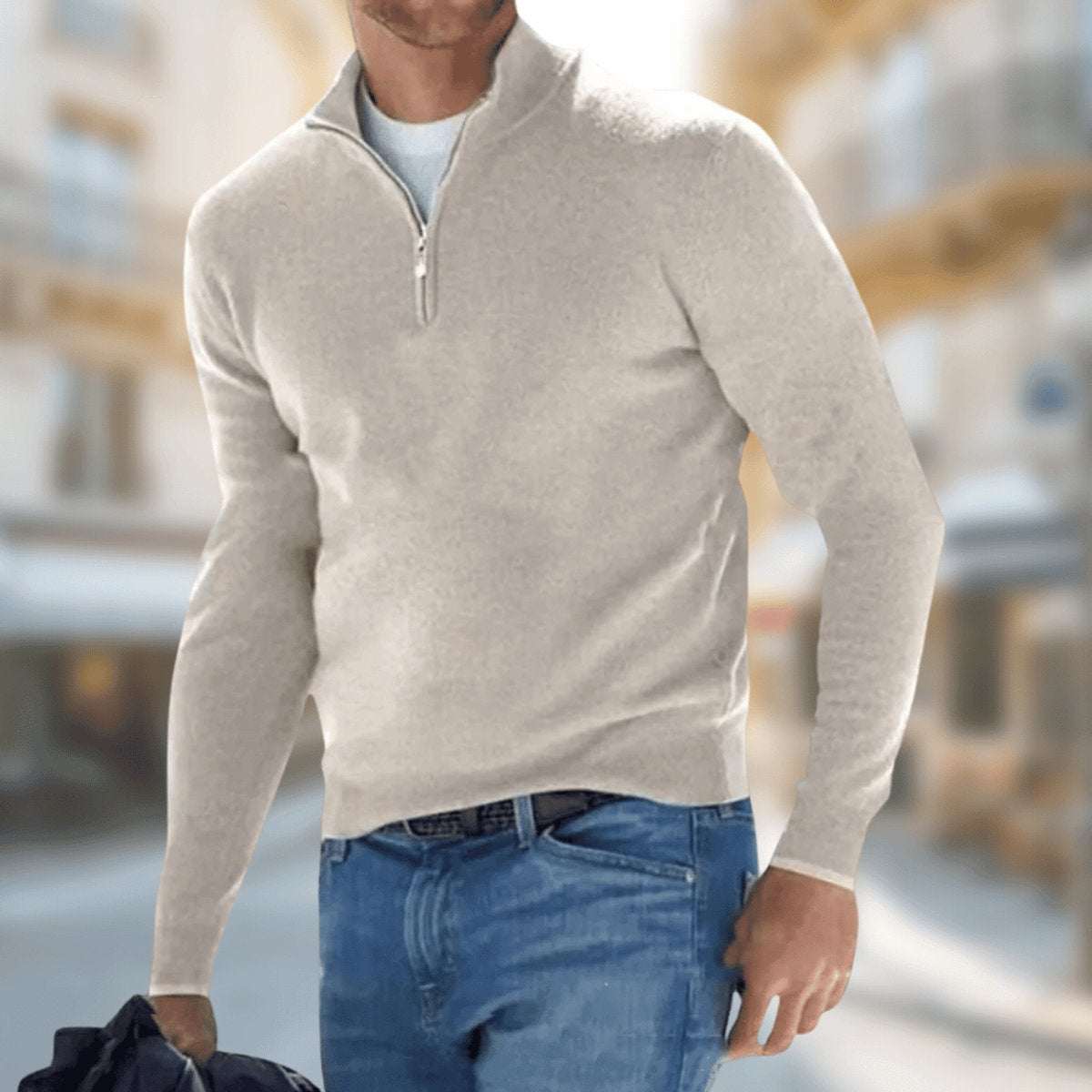 Strickpullover Herren mit hohem Kragen und glattem Saum - Beige #Farbe_Beige