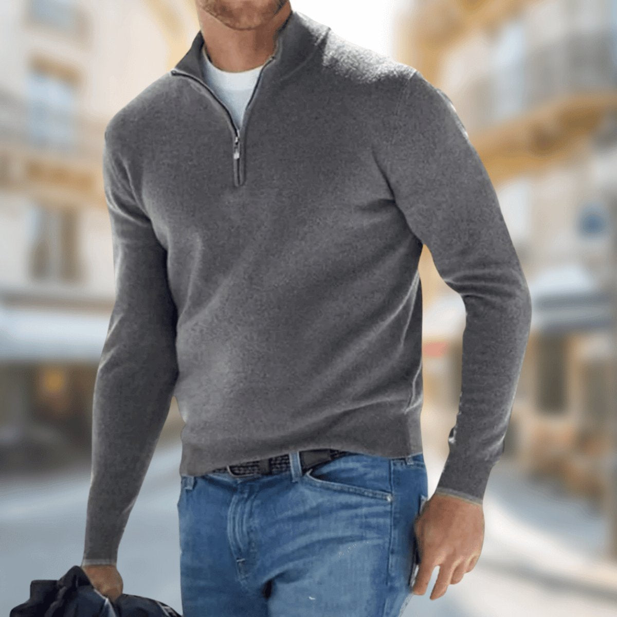 Strickpullover Herren mit hohem Kragen und glattem Saum - Grau #Farbe_Grau