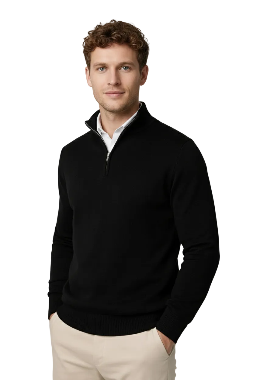 Strickpullover Herren mit kurzem Zip und schmalem Bund - Schwarz #Farbe_Schwarz