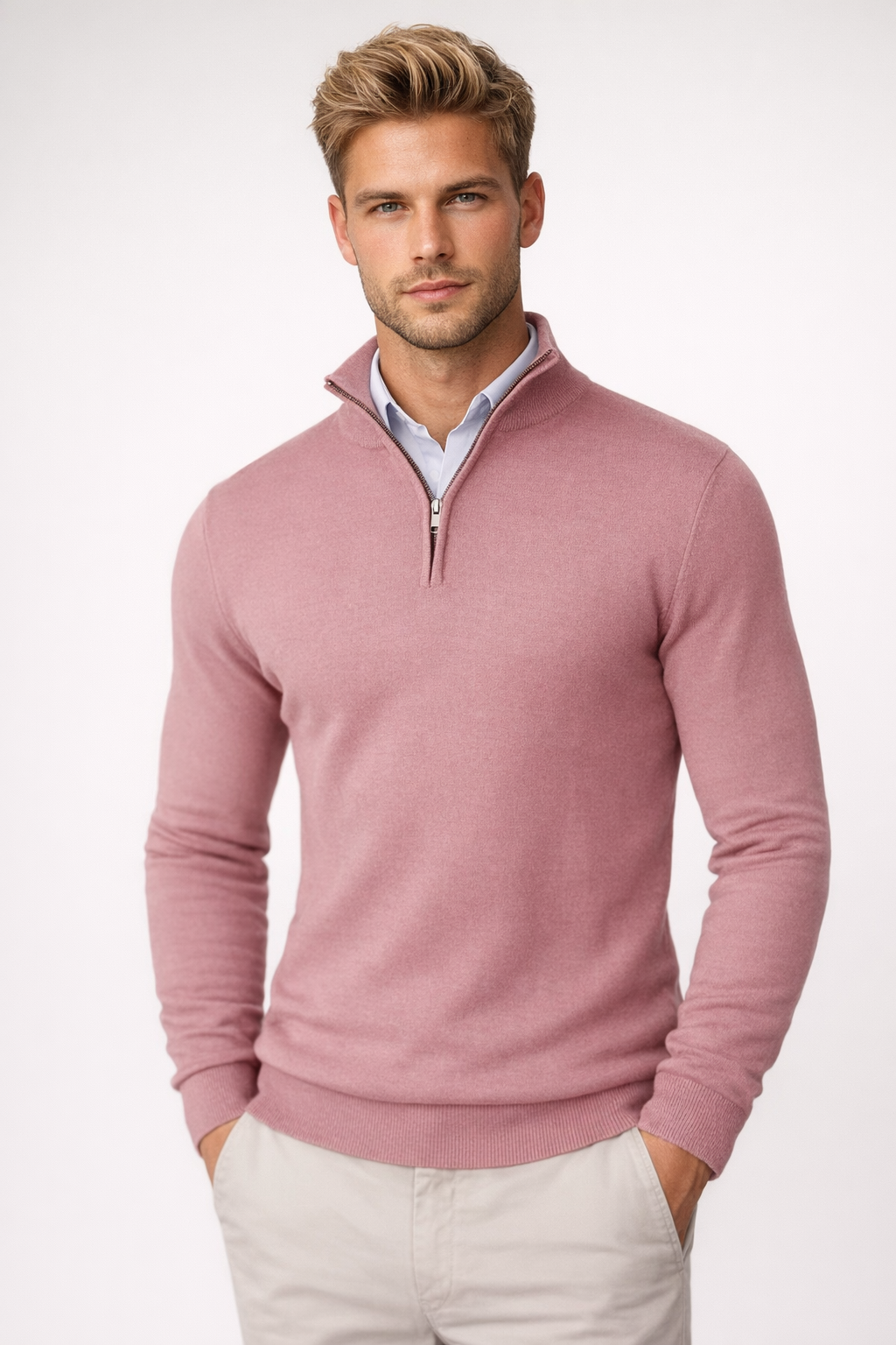 Strickpullover Herren mit kurzem Zip und schmalem Bund - Rosa #Farbe_Rosa