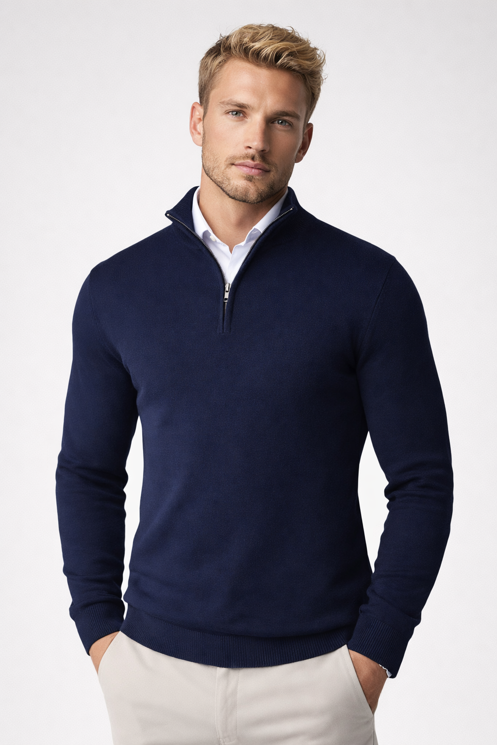 Strickpullover Herren mit kurzem Zip und schmalem Bund - Blau #Farbe_Blau