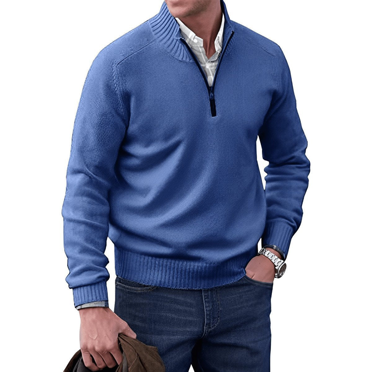Strickpullover Herren mit Rippenkragen und kurzem Zip - Blau #Farbe_Blau