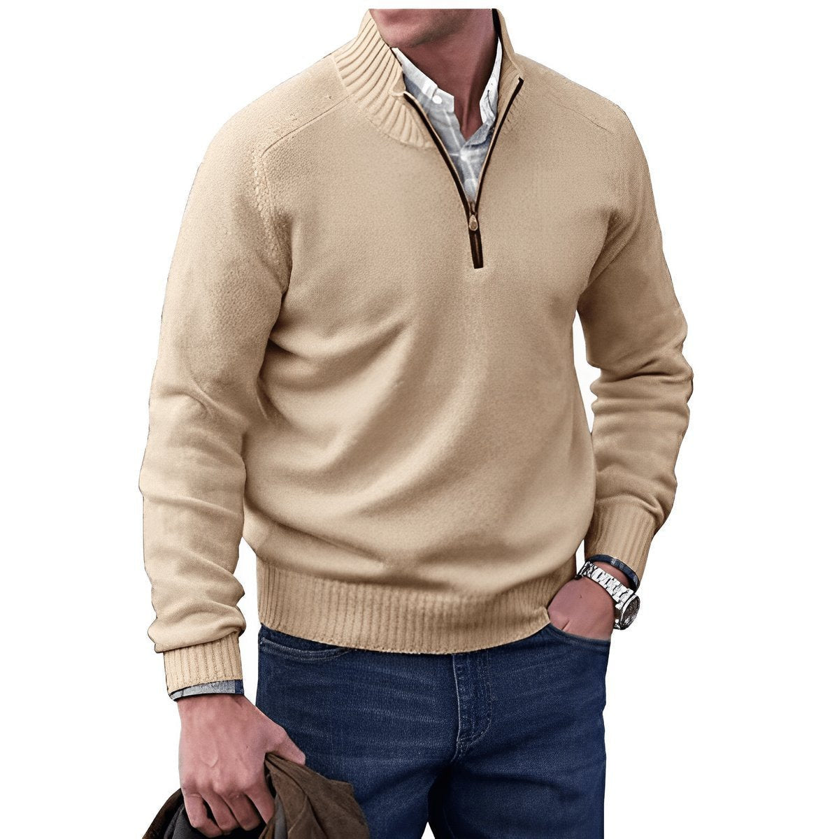 Strickpullover Herren mit Rippenkragen und kurzem Zip - Braun #Farbe_Braun