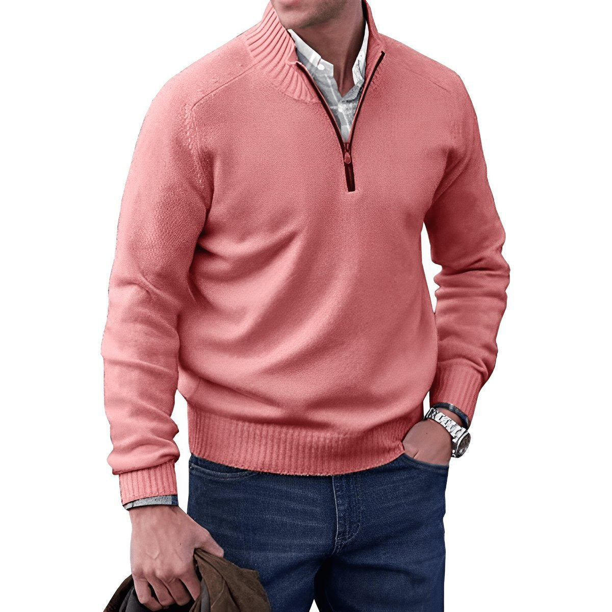 Strickpullover Herren mit Rippenkragen und kurzem Zip - Rosa #Farbe_Rosa