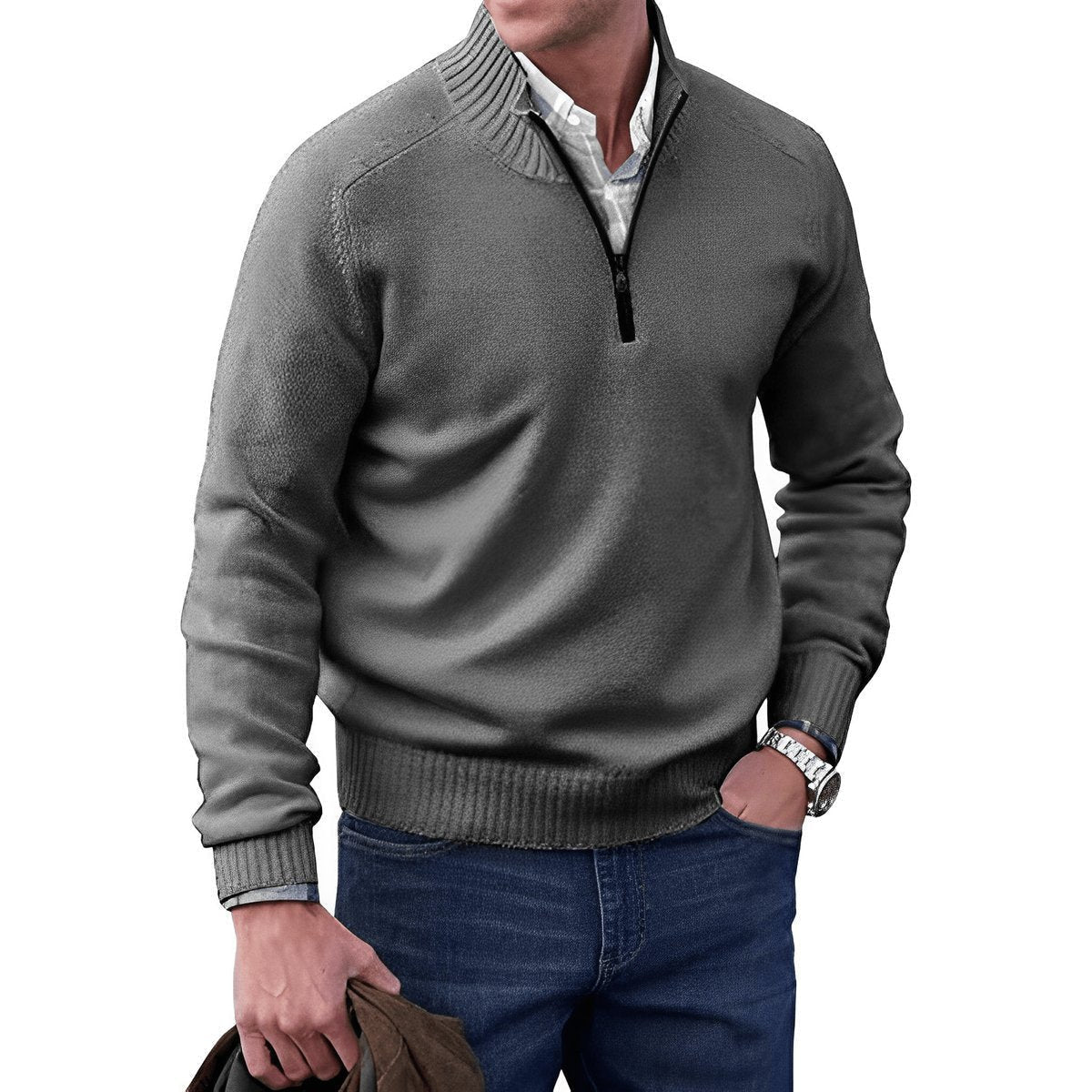 Strickpullover Herren mit Rippenkragen und kurzem Zip - Dunkelgrau #Farbe_Dunkelgrau