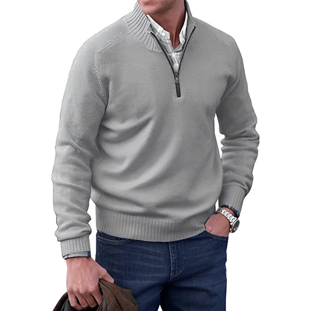 Strickpullover Herren mit Rippenkragen und kurzem Zip - Hellgrau #Farbe_Hellgrau