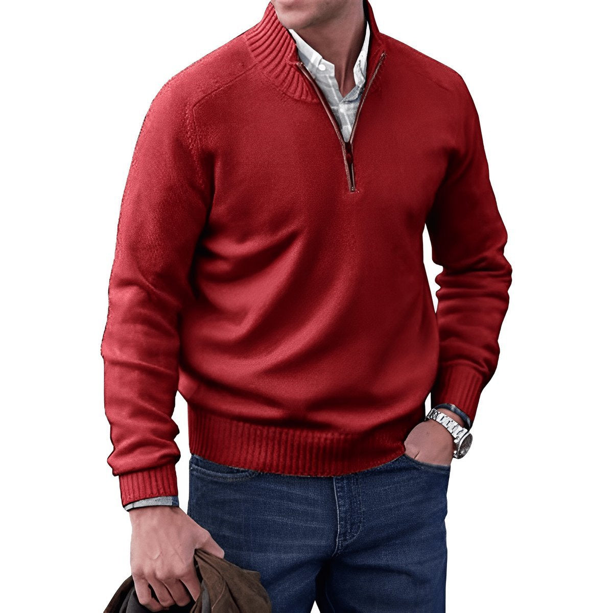 Strickpullover Herren mit Rippenkragen und kurzem Zip - Rot #Farbe_Rot