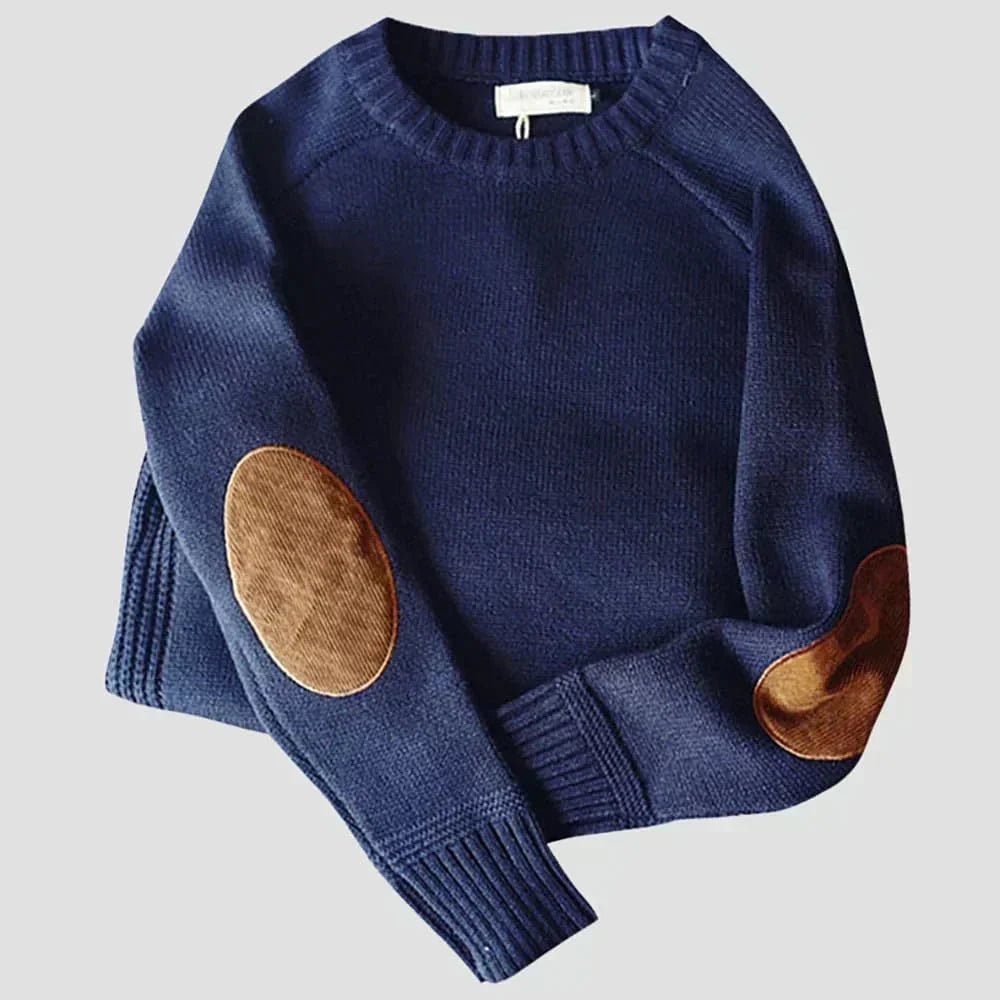 Strickpullover Herren mit Rundhals und Ellbogenbesatz - Blau #Farbe_Blau