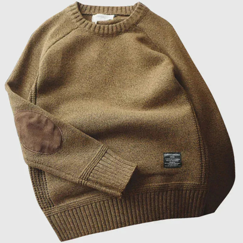 Strickpullover Herren mit Rundhals und Ellbogenbesatz - Braun #Farbe_Braun