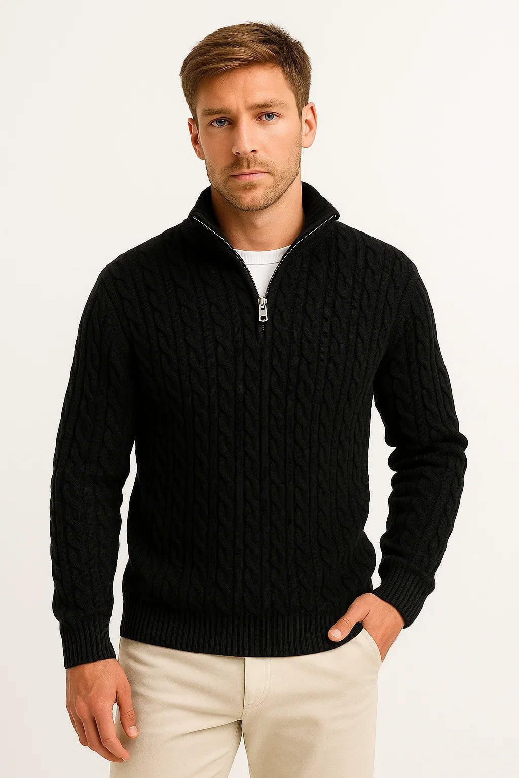 Strickpullover Herren mit schmalen Zöpfen und Zipkragen - Schwarz #Farbe_Schwarz