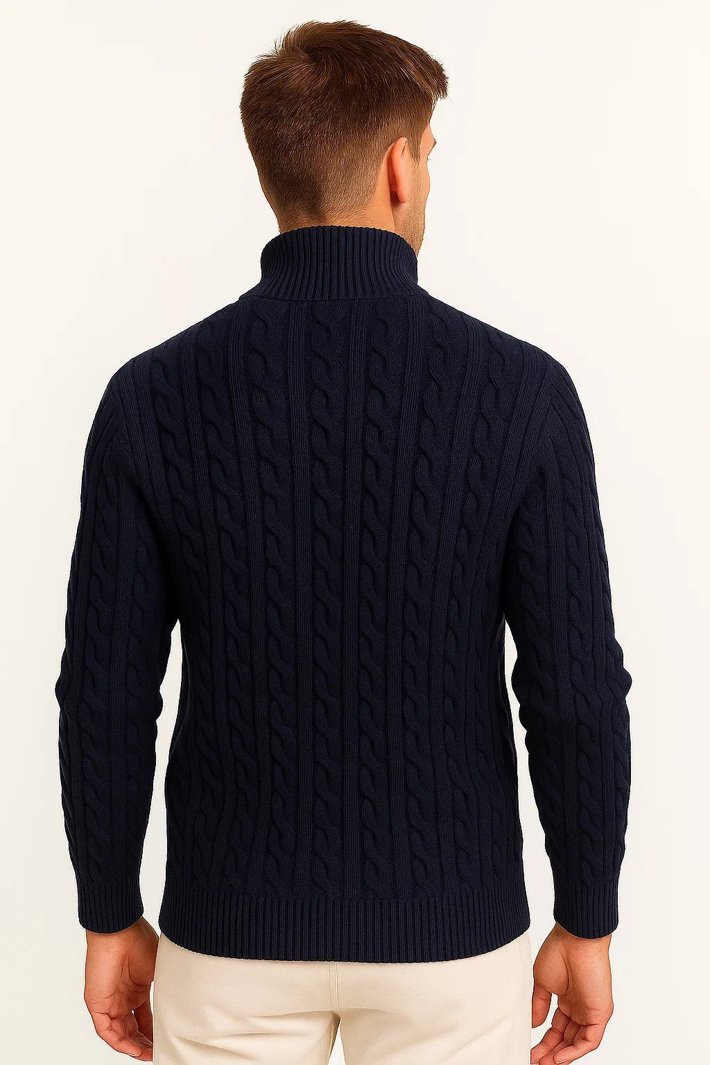 Strickpullover Herren mit schmalen Zöpfen und Zipkragen - Marineblau #Farbe_Marineblau