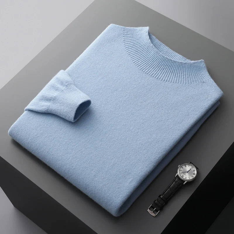 Strickpullover Herren mit Stehkragen und feinem Ripprand - Himmelblau #Farbe_Himmelblau