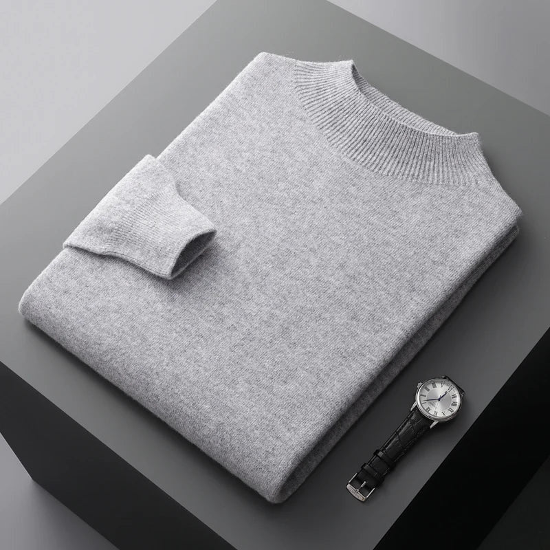 Strickpullover Herren mit Stehkragen und feinem Ripprand - Hellgrau #Farbe_Hellgrau