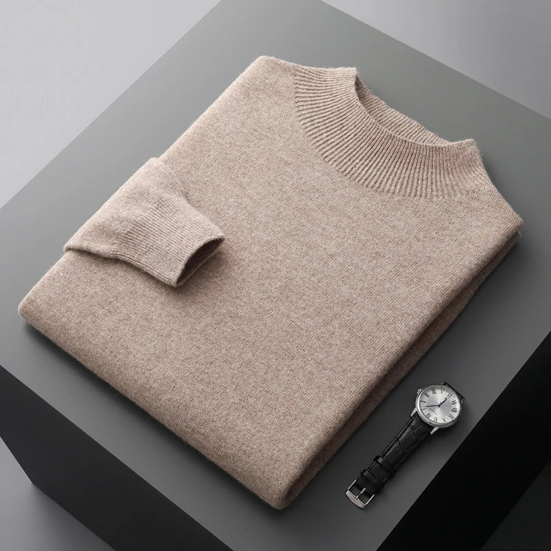 Strickpullover Herren mit Stehkragen und feinem Ripprand - Camel #Farbe_Camel