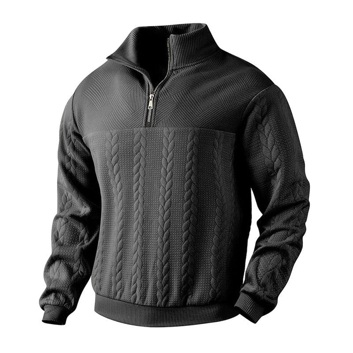 Strickpullover Herren mit Zopfmuster und glatter Passe - Schwarz #Farbe_Schwarz