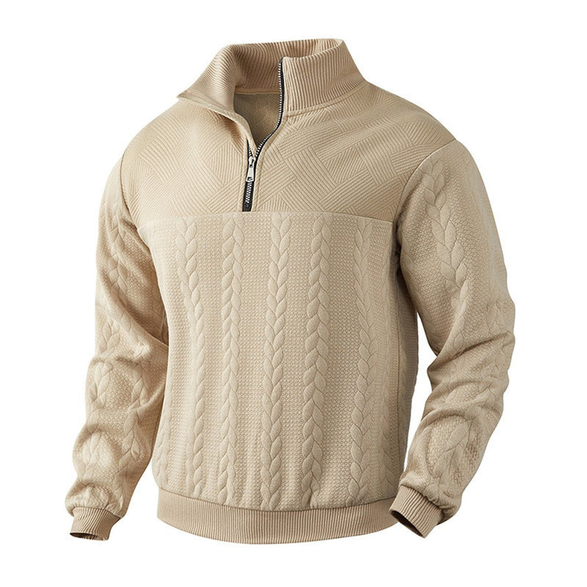 Strickpullover Herren mit Zopfmuster und glatter Passe - Beige #Farbe_Beige
