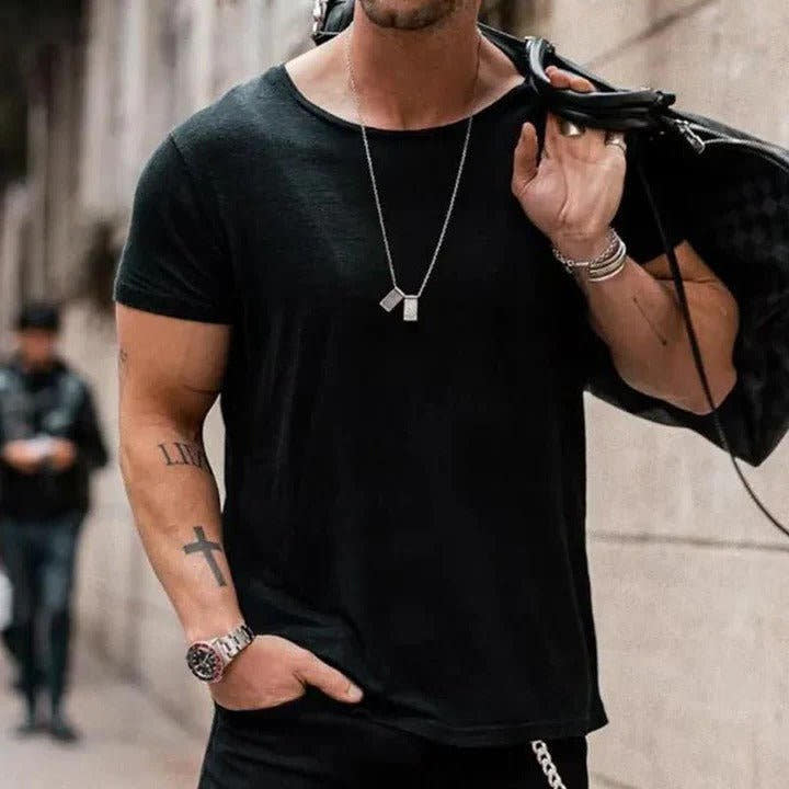 T-Shirt Herren mit Rundhalsausschnitt und schmalen Säumen - Schwarz #Farbe_Schwarz