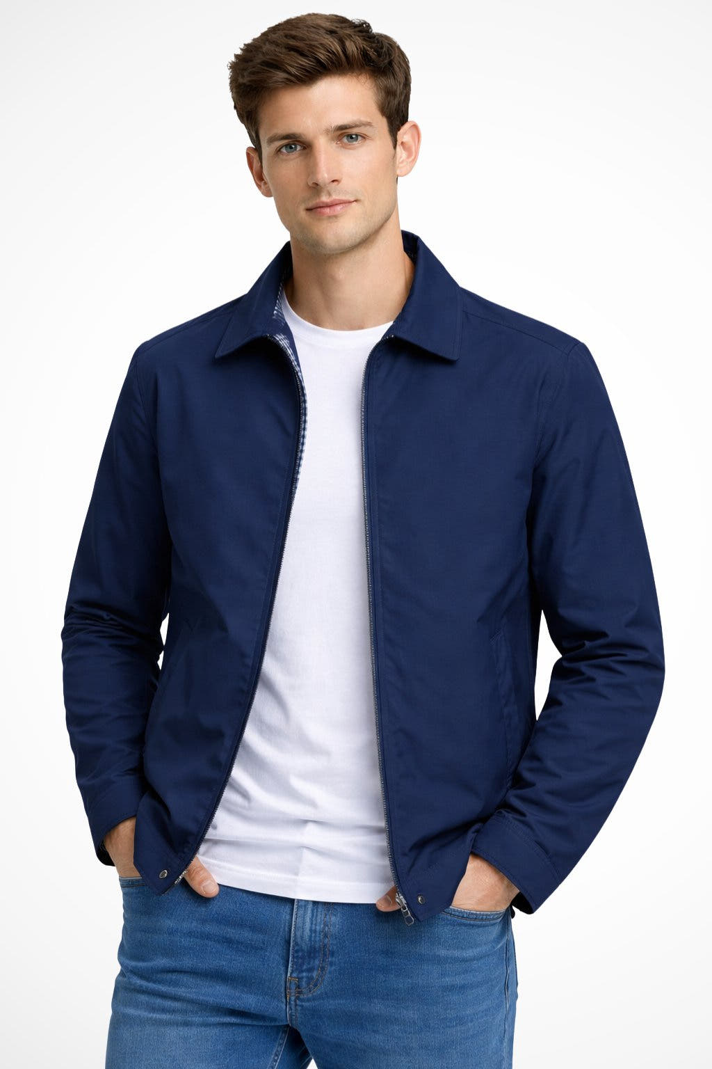 Übergangsjacke Herren mit Hemdkragen und kariertem Innenbild - Blau #Farbe_Blau