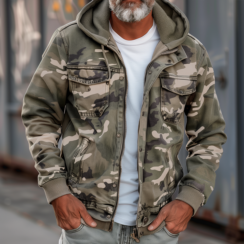 Übergangsjacke Herren mit Kapuze und Camouflage-Muster - Khaki #Farbe_Khaki