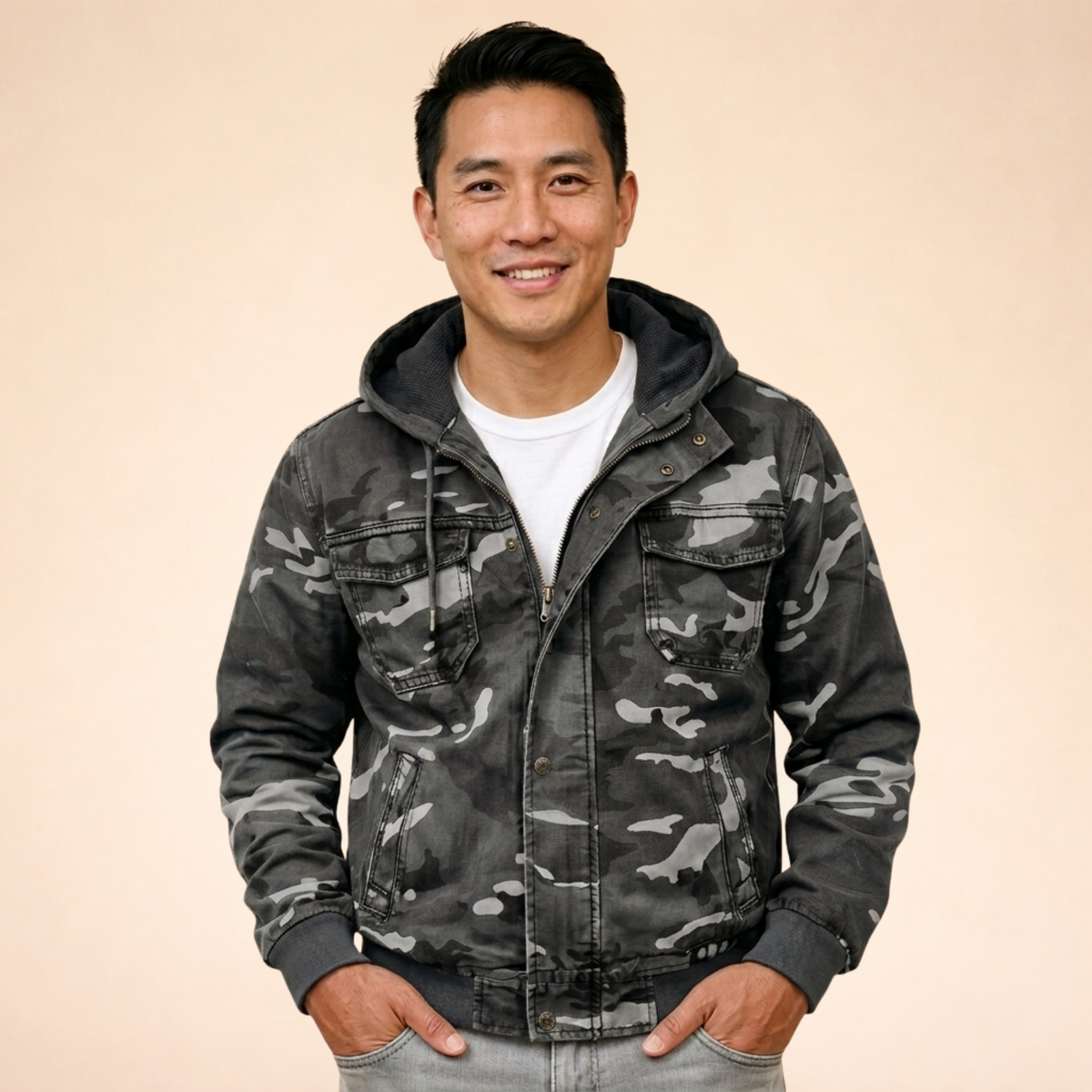Übergangsjacke Herren mit Kapuze und Camouflage-Muster - Grau #Farbe_Grau