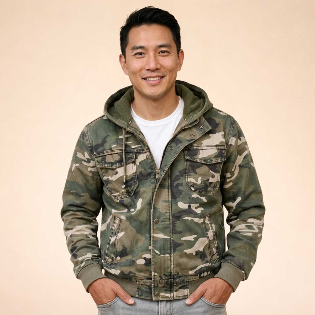 Übergangsjacke Herren mit Kapuze und Camouflage-Muster - Khaki #Farbe_Khaki