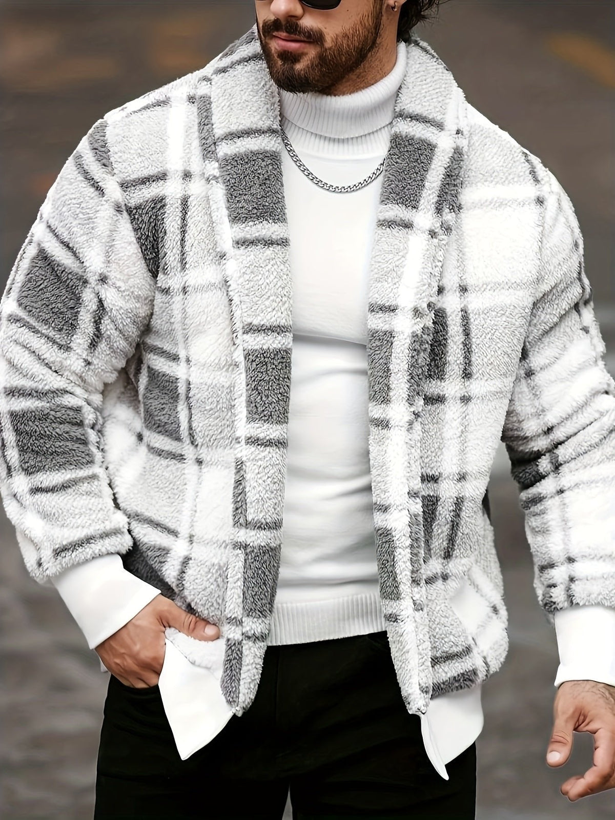 Übergangsjacke Herren mit Karos und breiten Rippbündchen - Weiss-Grau #Farbe_Weiss-Grau