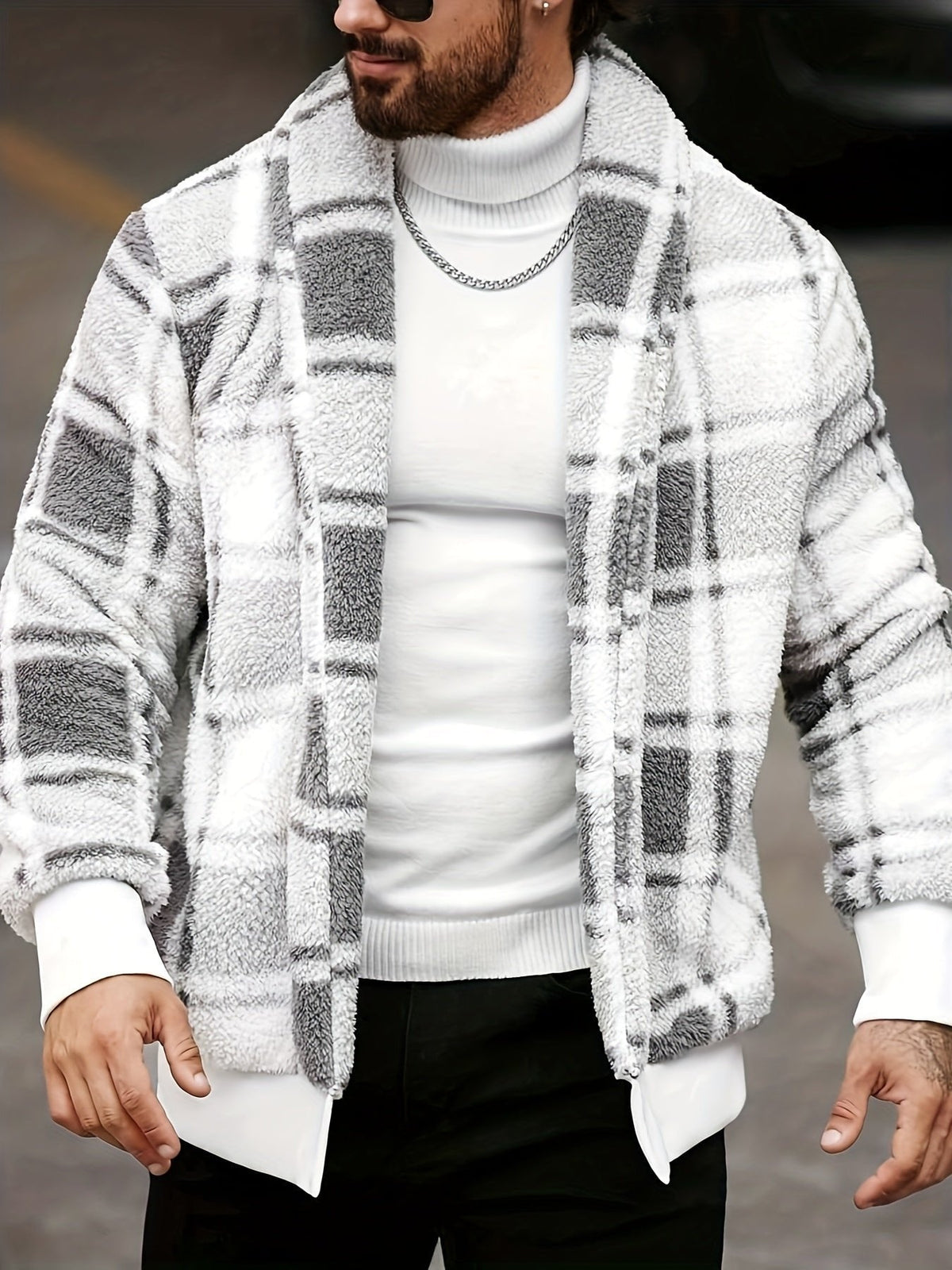 Übergangsjacke Herren mit Karos und breiten Rippbündchen - Weiss-Grau #Farbe_Weiss-Grau